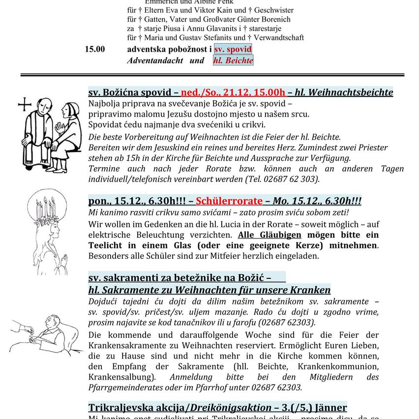 Ein Dokument kündigt verschiedene advents- und weihnachtsbezogene Veranstaltungen an, darunter eine Weihnachtsmesse, ein Heiligabendgottesdienst und ein Weihnachtskerzenanzünden. Es wird auch auf die Verfügbarkeit der Sakramente für Kranke während der Weihnachtswoche hingewiesen.