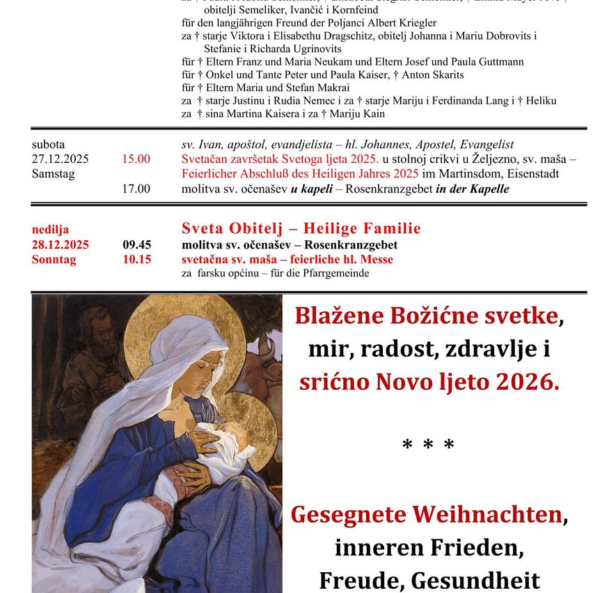 Das Bild zeigt einen religiösen Kalender mit Veranstaltungen für Dezember 2025, darunter Messen auf Slowenisch und Deutsch, Gebete und Segnungen.