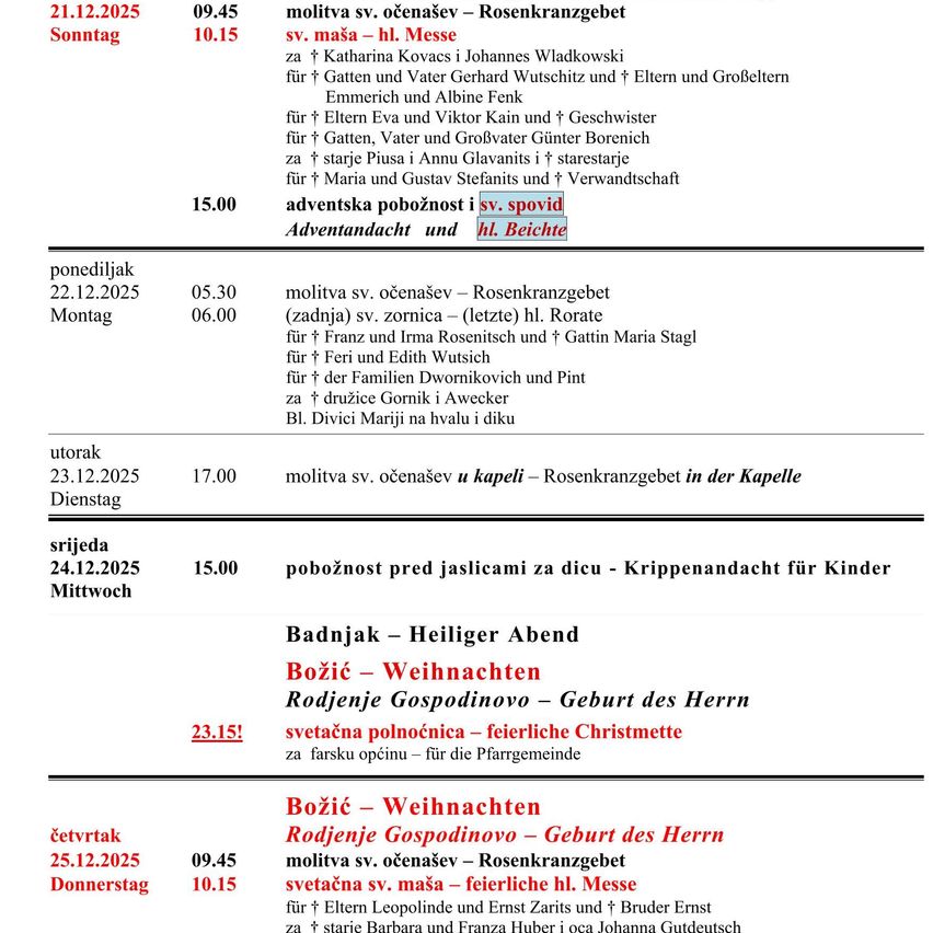 Ein Zeitplan für religiöse Dienste und Gebete, einschließlich Sonntagsmesse, Abendgebete und Weihnachtsfeiern. Bestimmte Namen und Gebete werden erwähnt.