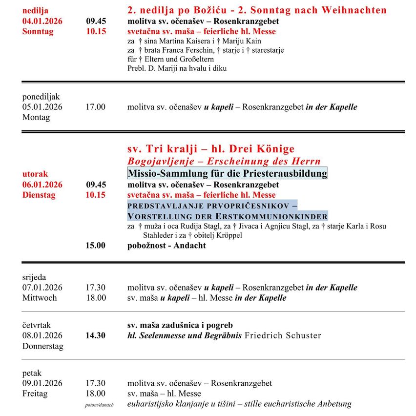 Das Bild zeigt einen wöchentlichen liturgischen Zeitplan. Die Daten reichen von 4. April bis 9. Mai 2026. An jedem Tag sind bestimmte Zeiten für Gebete, Messen und andere religiöse Veranstaltungen aufgeführt. Einige Einträge erwähnen Namen von Heiligen oder bestimmte Zeremonien.