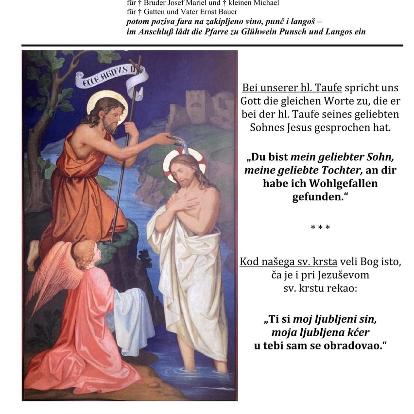 Das Bild zeigt eine religiöse Szene, die Taufe Jesu durch Johannes den Täufer. Jesus ist kniend im Wasser zu sehen, während Johannes über ihm steht, einen Stab und eine Schriftrolle haltend. Ein Engel ist anwesend und bezeugt das Ereignis. Die Szene ist mit einem Banner und religiösem Text umrahmt.