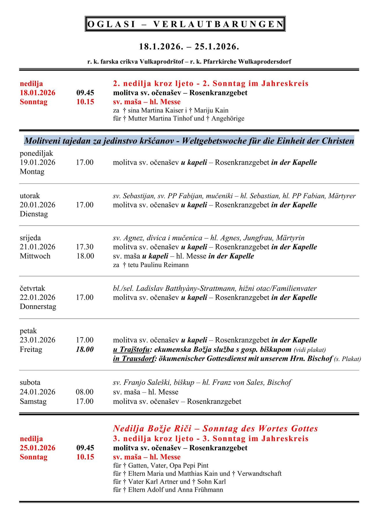 Weekly schedule of religious services from January 18 to January 24, 2026, including dates, times, and specific services. Sundays feature the Sunday of the Word of God, and there are multiple weekly religious services in the chapel.