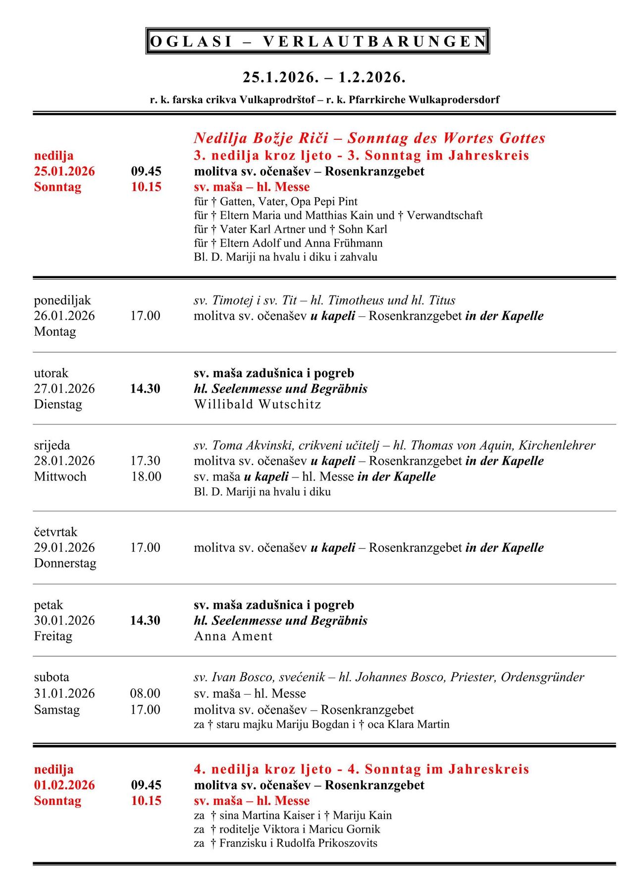 Ein Kalender mit Datum von 25.01.2026 bis 31.01.2026, der tägliche Messen, deren Zeiten und besondere Feiertage wie den Sonntag des Wortes Gottes und verschiedene Festtage auflistet.