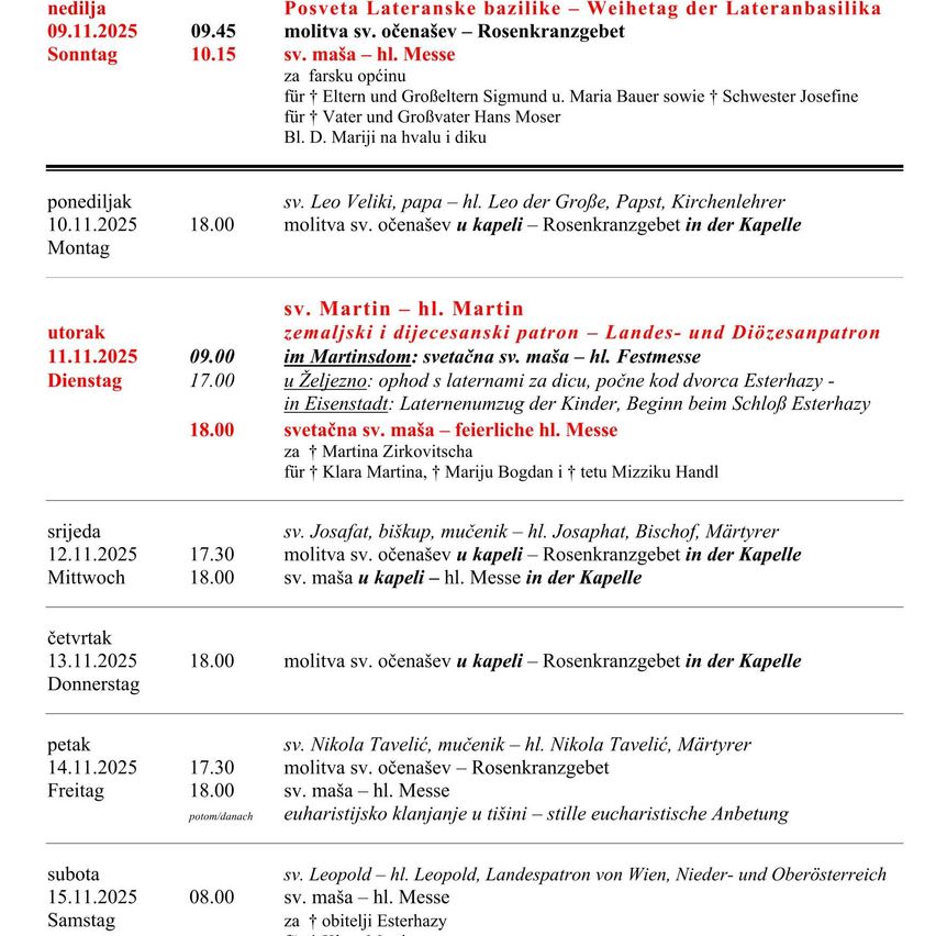 Ein religiöser Zeitplan zeigt mehrere Messen und Feste vom 9. November bis 15. November 2025. Daten, Zeiten und Beschreibungen von Messen und Festen sind aufgeführt.