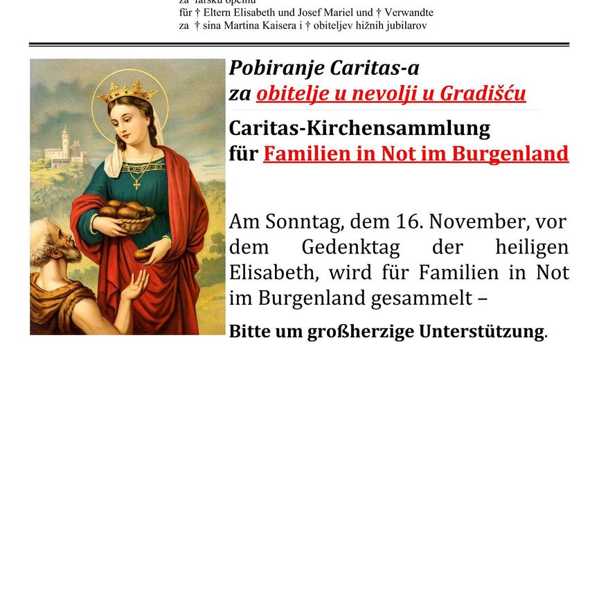 Ein Bild mit einer Illustration von St. Elisabeth und einem knienden Mann davor, mit einer Bildunterschrift, die eine Caritas-Sammlung für bedürftige Familien im Burgenland am 16. November ankündigt.