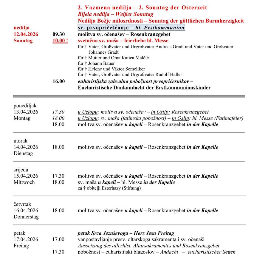 The image shows a weekly schedule of church services in German and English. It includes dates, times, and details of prayers, masses, and Eucharist services. The events are scheduled for Easter Sunday, Easter Monday, and specific weekdays in April.