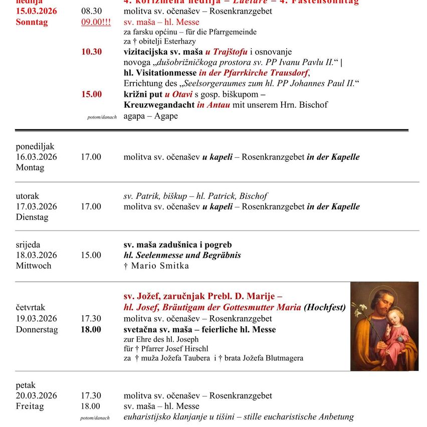 Das Bild zeigt einen wöchentlichen Zeitplan von Gottesdiensten in einer Kirche. Es enthält Daten, Zeiten und Beschreibungen der Veranstaltungen, wie Messen und Segnungen. Der Text ist in einer Mischung aus Englisch und Deutsch.