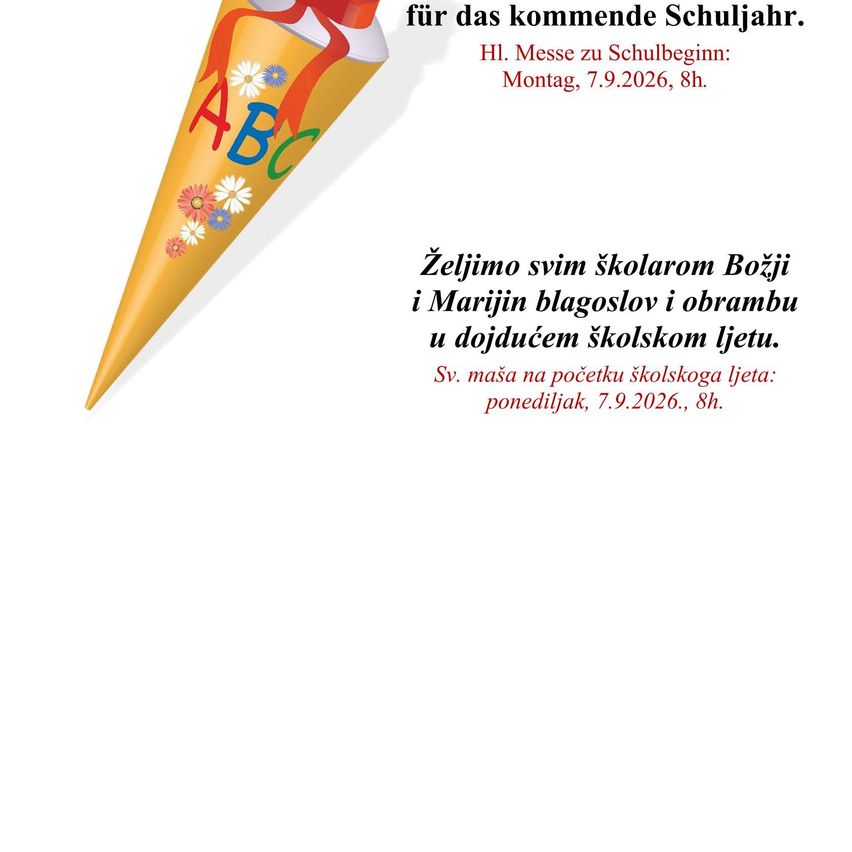 A yellow cone with flowers and letters ABC on it. The text reads 'for the coming school year'. Below it is a message about a mass at the beginning of the school year on September 7, 2026, at 8 AM.