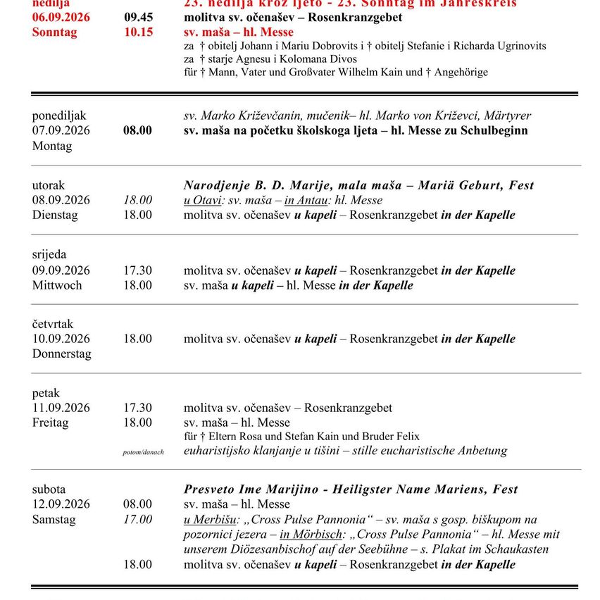 A table with dates and times for various religious events, including masses, prayers, and feasts, listed in both Croatian and German.