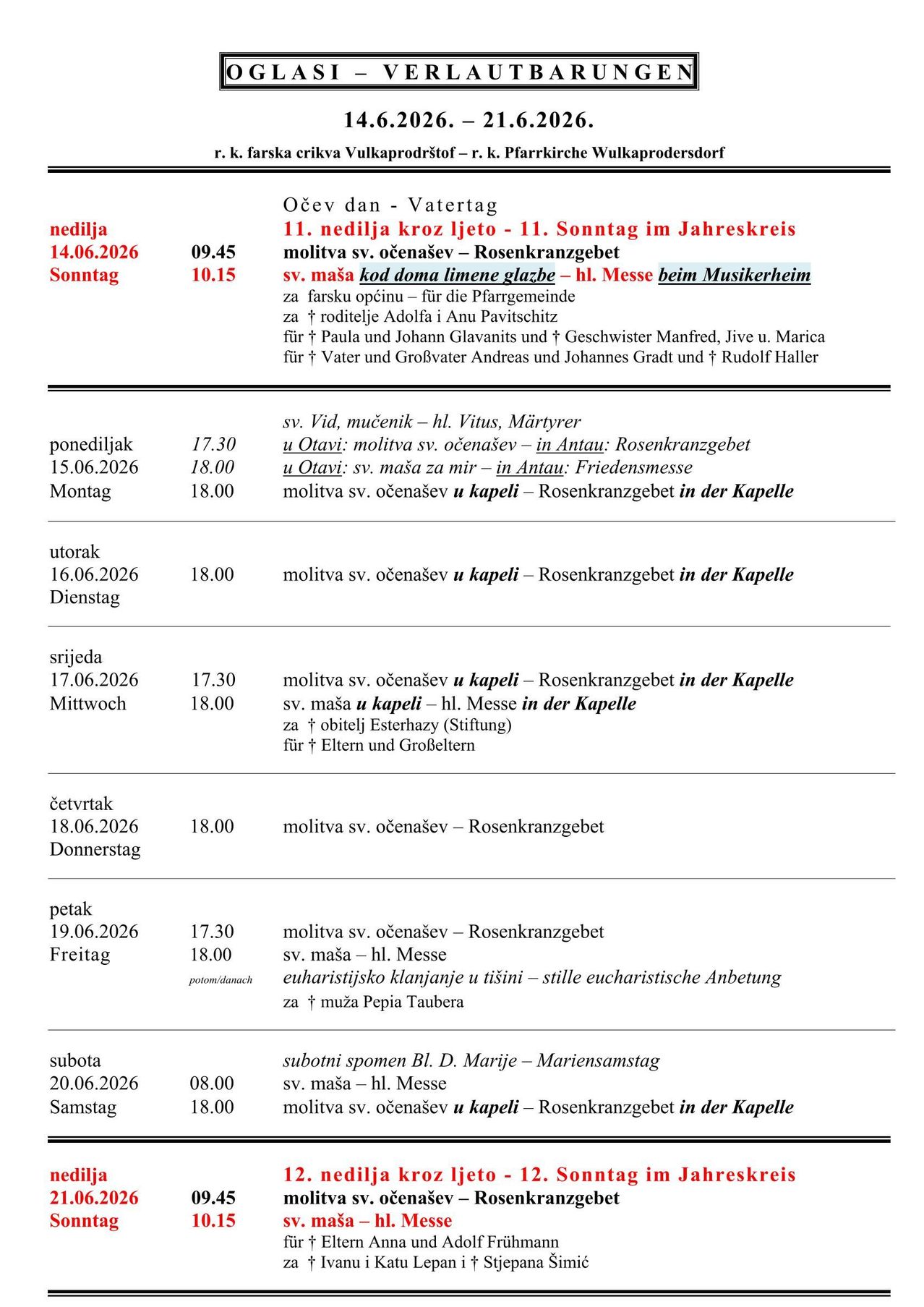 Tabelle mit Daten, Zeiten und Gottesdiensten in einer Kirche. Sonntagsmesse und Vespern werden erwähnt, zusammen mit einer Widmung an Esterhazy. Freitagabendmesse und eucharistische Anbetung werden vermerkt.