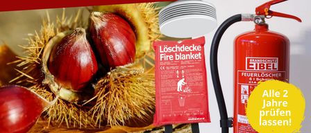 Werbeplakat mit Kastanien, einer Löschdecke und einem Feuerlöscher. Es zeigt den Termin Samstag, 03.10.2026, und erwähnt Kastanien und Feuerlöscher. Die Veranstaltung findet im Rüsthaus ab 13 Uhr statt, einschließlich einer Feuerlöscherüberprüfung von 13 bis 17 Uhr.