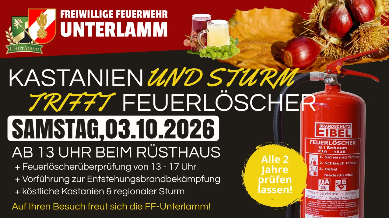 Plakat für eine Feuerlöscher-Inspektionsveranstaltung am 3. Oktober 2026 im Rusthaus. Das Plakat zeigt einen Feuerlöscher, Früchte und Herbstblätter.