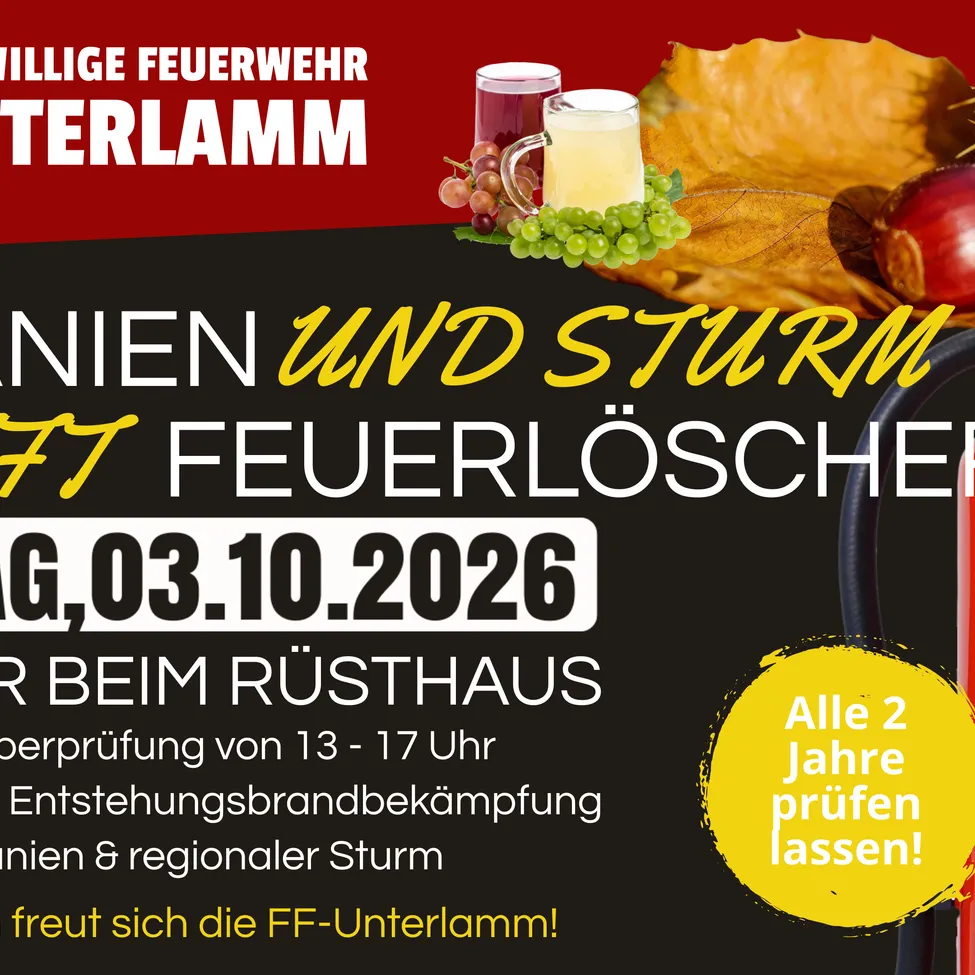 Plakat für eine Feuerlöscher-Inspektionsveranstaltung am 3. Oktober 2026 im Rusthaus. Das Plakat zeigt einen Feuerlöscher, Früchte und Herbstblätter.