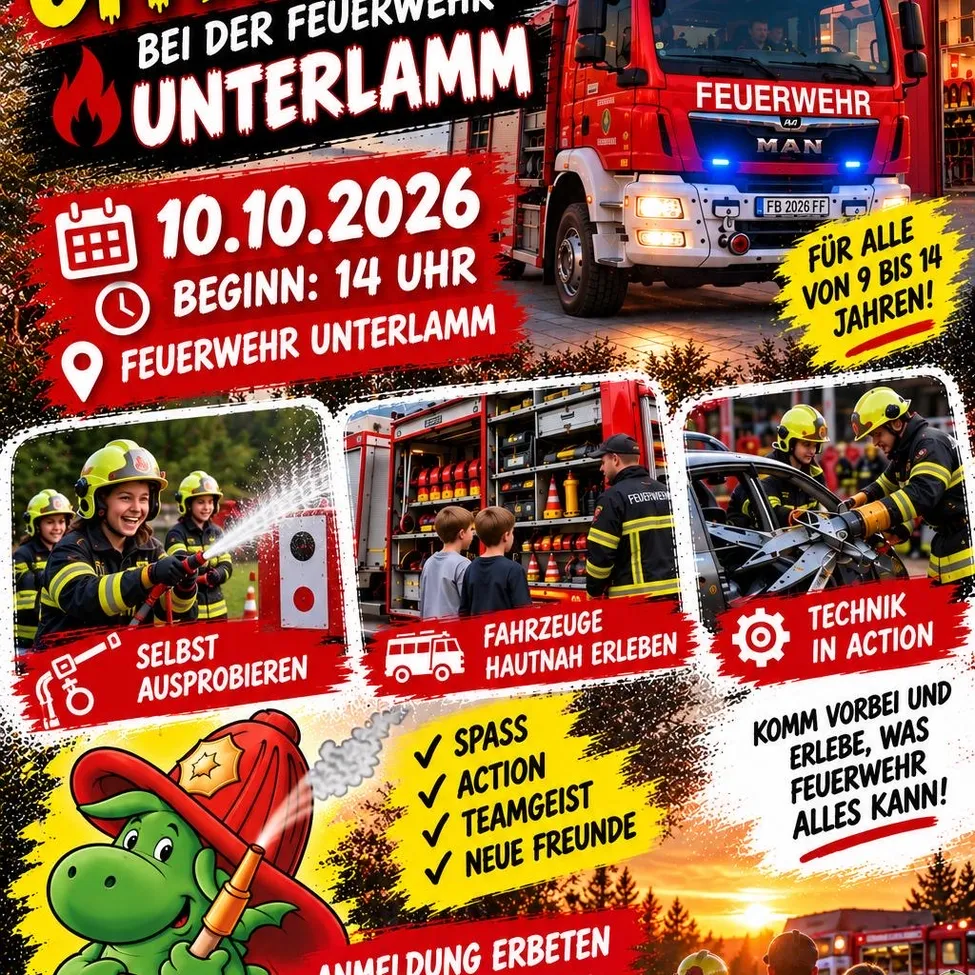 Plakat für den Tag der offenen Tür bei der Feuerwehr Unterlamm am 10.10.2026, Beginn um 14 Uhr. Zeigt Bilder von Feuerwehrleuten, Ausrüstung und einem Feuerwehrwagen.