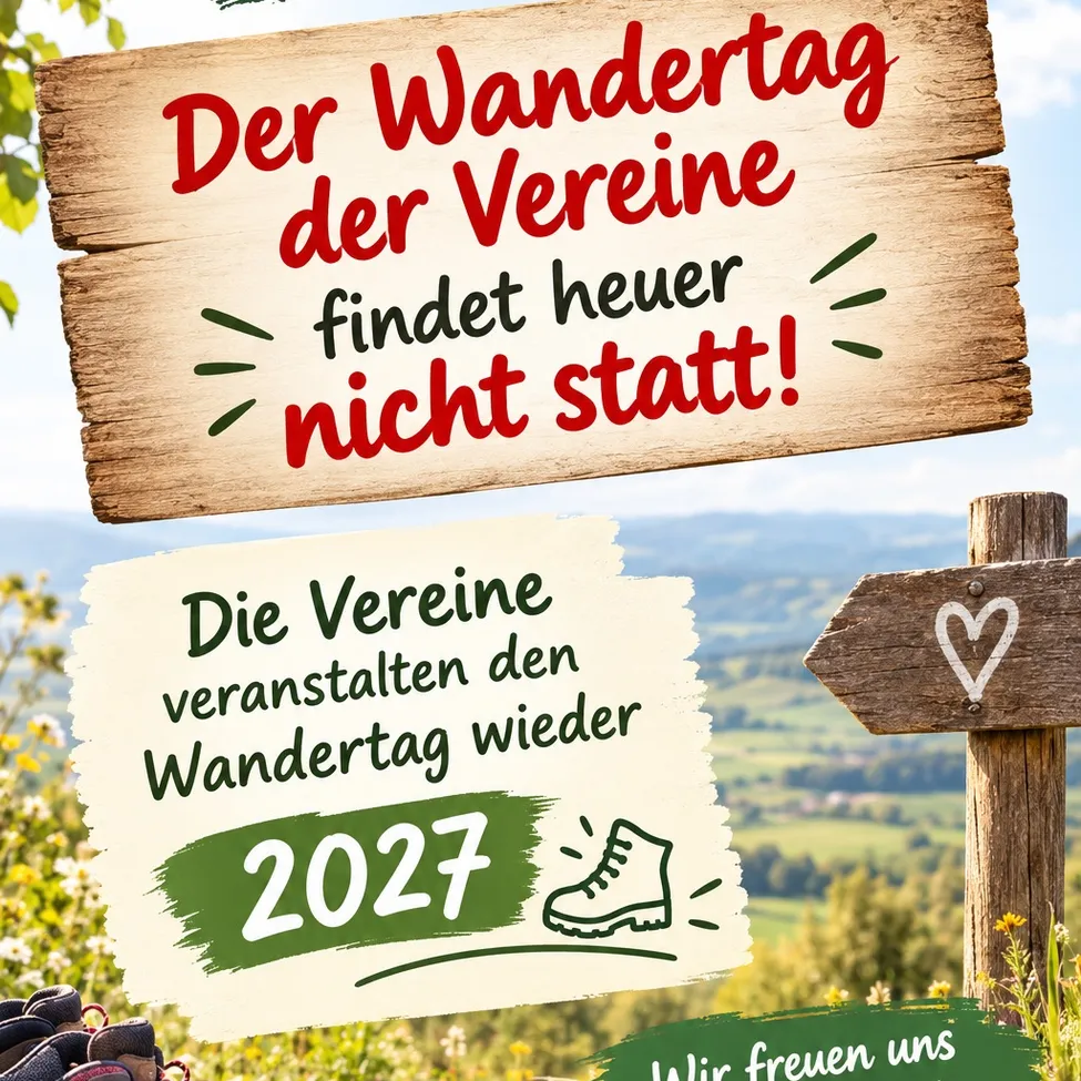 Ein Plakat mit einem Holzschild und einem Wanderschuh. Der Schild trägt die Aufschrift 'Der Wandertag der Vereine findet heute nicht statt!' mit einem Herzsymbol.