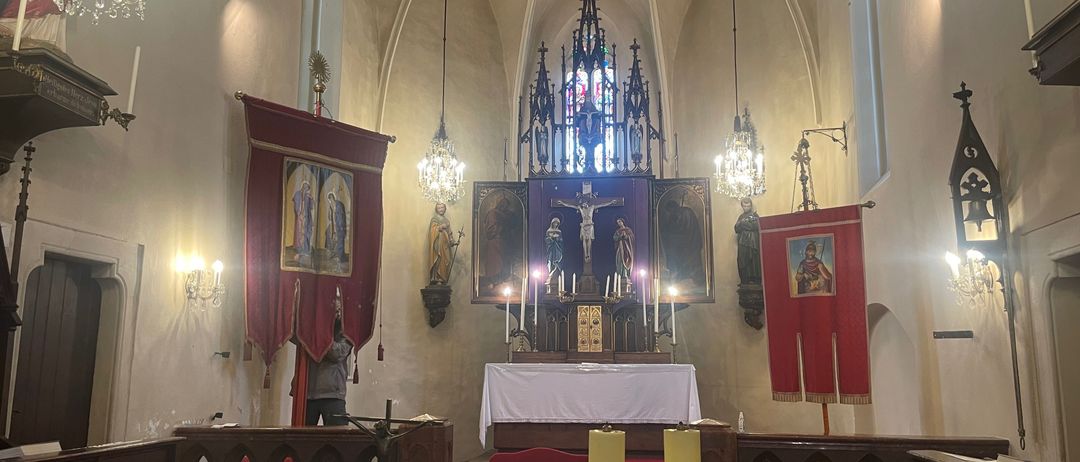 Indoors, Prayer, Altar, Church, Desk, Chapel, Lamp, Person, Candle, Chandelier