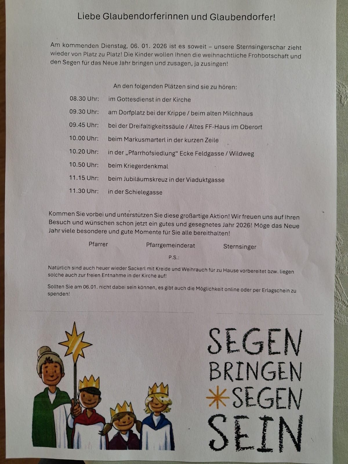 Plakat mit einer Liste von Segen an verschiedenen Orten und Zeiten. Enthält eine Nachricht über die Unterstützung der Aktion und den Wunsch nach einem guten Jahr. Zeigt eine Illustration von vier Kindern, die einen Stern halten.