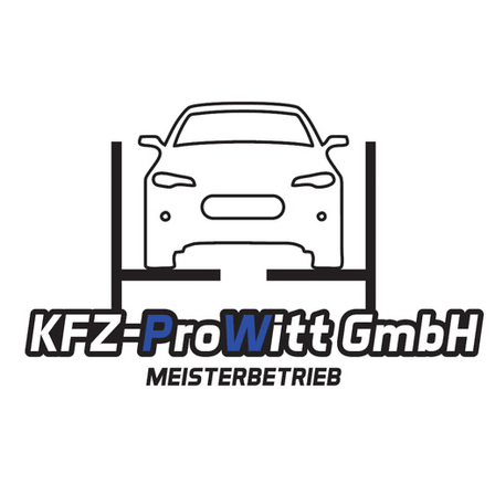Logo der KFZ-ProWitt GmbH, einer Meisterwerkstatt, mit einem Auto auf einem Lift und Text darunter in Fettschrift.