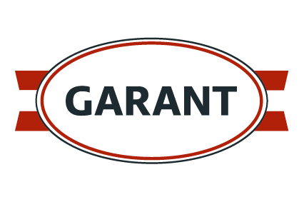Ein weißes ovales Logo mit dem Wort 'GARANT' in fetter schwarzer Schrift, vor schwarzem Hintergrund mit einem roten und weißen Banddesign am unteren Rand.