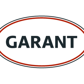 Ein Logo für Garant wird auf schwarzem Hintergrund angezeigt. Das Logo zeigt eine weiße Ellipse mit roten Kanten und dem Wort Garant in Schwarz geschrieben.