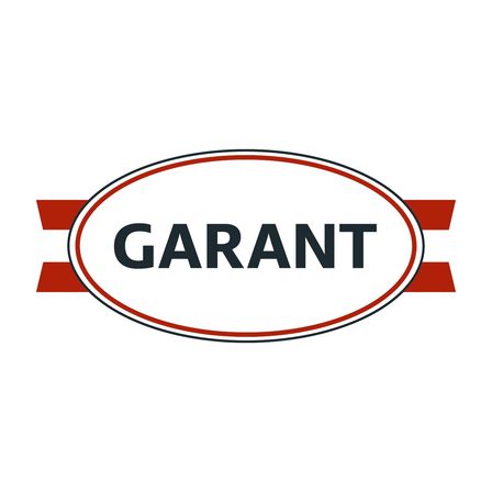 Ein Logo für 'Garant' auf weißem Hintergrund, das den Namen 'Garant' in fetten schwarzen Buchstaben in einem rot umrandeten Oval zeigt, mit einem Banddesign darunter.