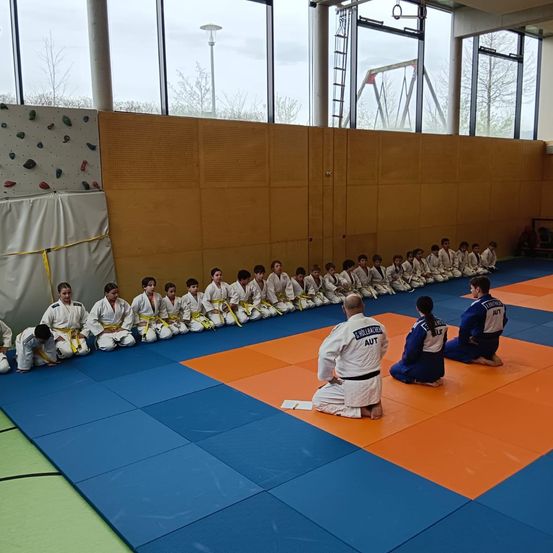 Gruppe junger Kampfsportschüler, die in einem Raum mit blauer und orangefarbener Matte üben.