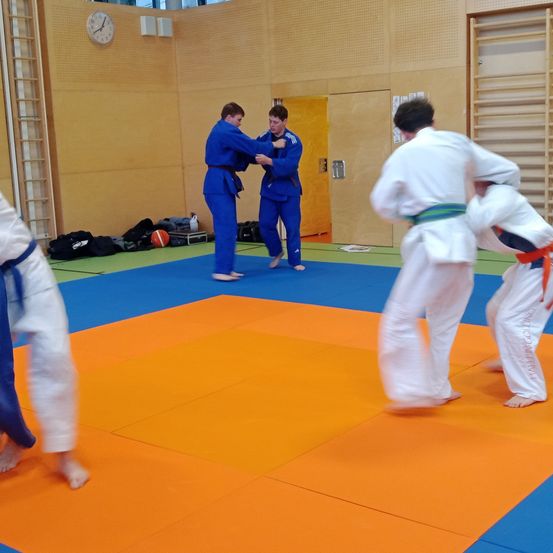Vier Kampfsportler in blauen und weißen Uniformen üben Judo auf einem mehrfarbigen Mattenboden in einer Sporthalle.