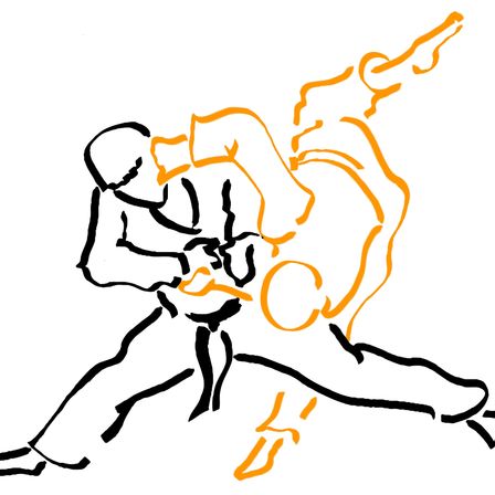 Eine Kampfkunst-Illustration zeigt eine Person in einer Kampfhaltung mit ausgestrecktem Bein und erhobenen Armen.