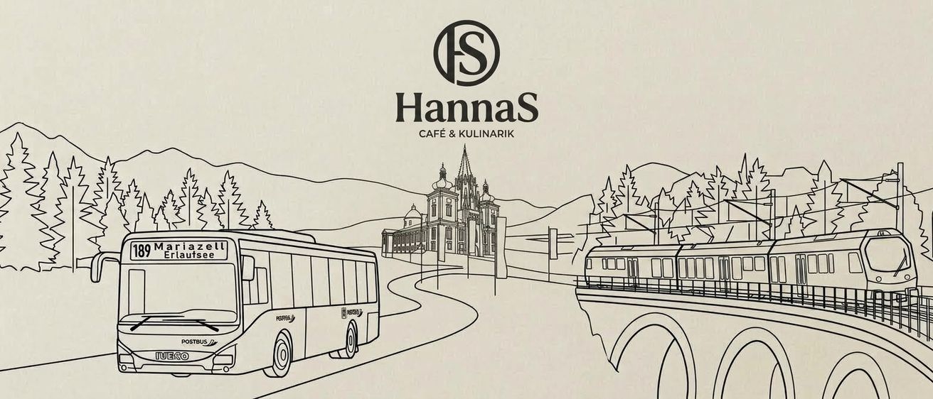 Eine Illustration einer Bus- und Zugreise auf einer malerischen Route, mit einer Burg und Bergen im Hintergrund.