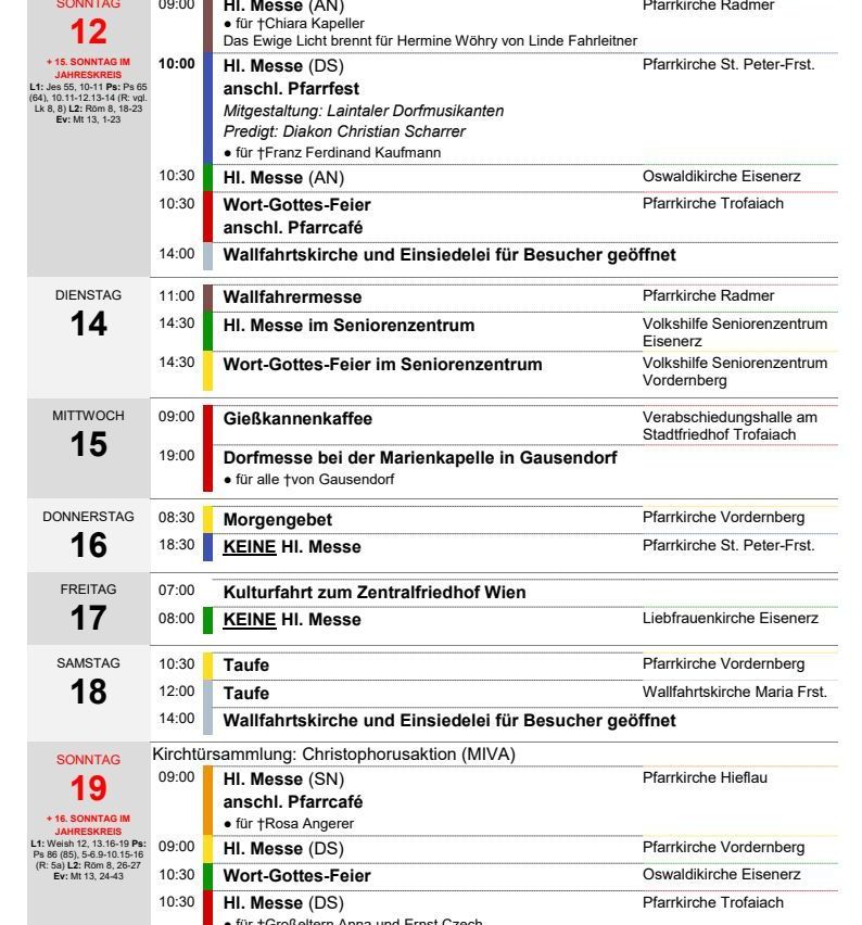 Ein wöchentlicher Zeitplan für Gottesdienste und Veranstaltungen in verschiedenen Kirchen in Österreich, einschließlich Messen, Taufen und besonderer Gottesdienste. Der Zeitplan ist nach Tag und Uhrzeit organisiert, mit Standorten und zusätzlichen Details.