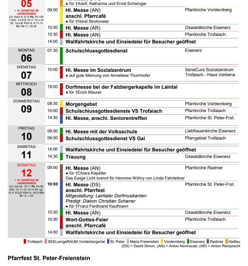 Ein Zeitplan für Kirchengottesdienste und Veranstaltungen im Juni, einschließlich Zeiten, Orte und besondere Aktivitäten.