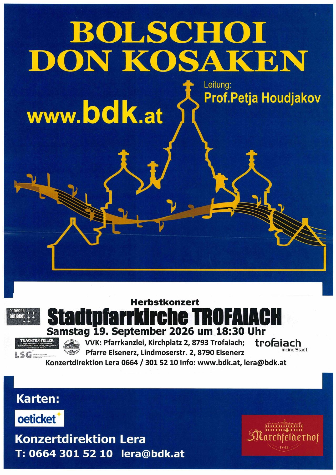 Plakat für ein Konzert in der Stadtpfarrkirche Trofaiach am 19. September 2026 mit goldenem Notenschlüssel und Kirchensilhouetten. Leitung: Prof. Petja Houdjakova.