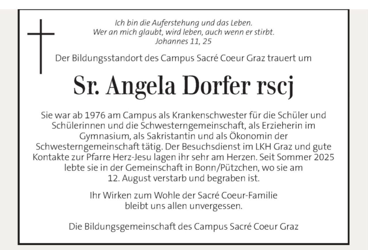 Gedenkseite für Sr. Angela Dorfer, die von 1976 bis zu ihrem Tod im August 2023 am Campus Sacre Coeur Graz tätig war. Sie diente als Krankenschwester, Erzieherin, Sakristan und Ökonomin.
