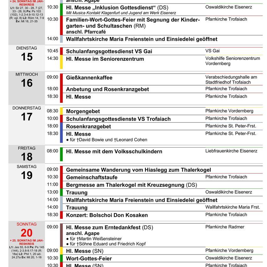 Ein wöchentlicher Zeitplan für religiöse Gottesdienste und Veranstaltungen, einschließlich Messen, Gebete und Gemeinschaftstreffen, mit Zeiten und Orten aufgelistet.