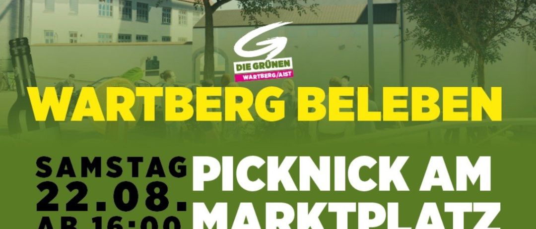 Plakat für ein Picknick-Event bei Wartberg Beleben am Samstag, 22. August, ab 16 Uhr am Marktplatz. Das Plakat zeigt einen grünen Hintergrund mit Bäumen und einem Gebäude im Hintergrund.