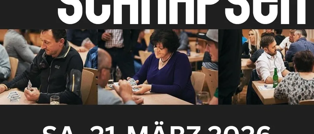 Plakat für eine Kartenspielveranstaltung, '17 Bayerischer Schnapsen', am 21. März 2026 um 17 Uhr im Gemeindesaal Mitterdorf. Der Eintrittspreis beträgt 12 Euro.
