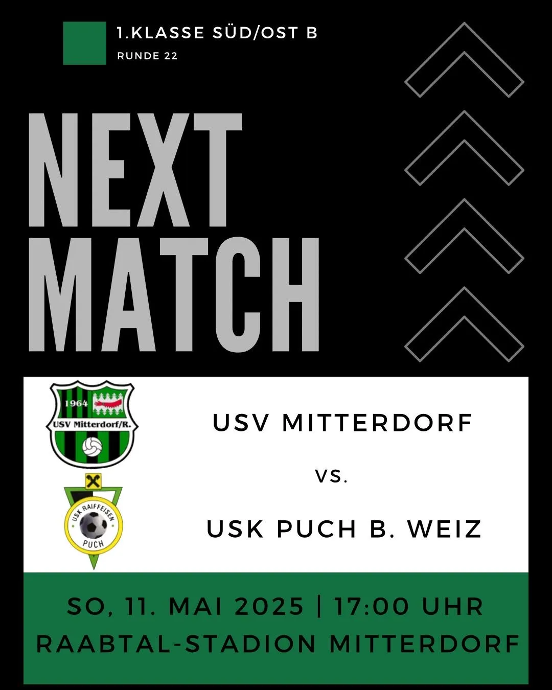 Kommende Fußballpartie zwischen USV Mitterdorf und USK Puch B. Weiz am Samstag, 11. Mai 2025 um 17:00 Uhr.