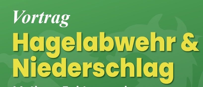 Ein Plakat auf grünem Hintergrund zeigt eine Präsentation über Hagelunterdrückung und Schneefall. Es enthält Mythen, Fakten und wissenschaftliche Erkenntnisse zu veränderten Klimabedingungen. Die Veranstaltung wird von Josef Mundler, einem Mitglied der steirischen Hagelunterdrückung, veranstaltet. Der Termin ist Montag, 23. März, um 19 Uhr im Panorama-Saal Marktgemeinde Preding.