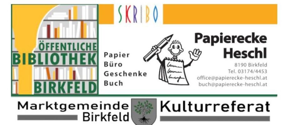 Das Plakat für die öffentliche Bibliothek von Birkfeld zeigt einen Bücherstapel, einen Bleistift und Kontaktdaten für Papierecke Heschl.