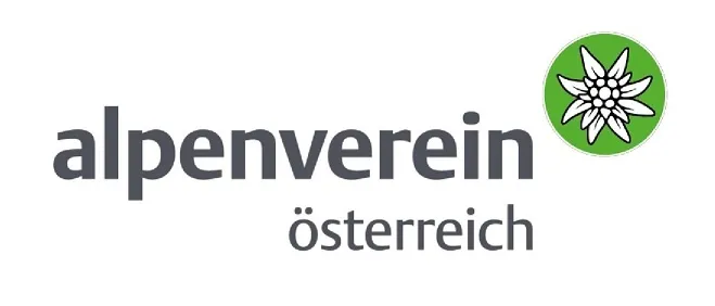 Das Alpenverein Osterreich-Logo zeigt eine stilisierte weiße Blume in einem grünen Kreis auf weißem Hintergrund, mit dem Text 'alpenverein osterreich' darunter.