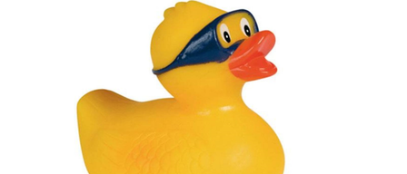 A yellow rubber duck with a blue diving mask on its head and an orange beak, set against a white background.