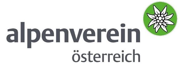 Das Logo des Alpenverein Osterreich zeigt eine weiße Alpenblume mit grünen Blütenblättern auf grauem Hintergrund. Der Text 'alpenverein' ist in Dunkelgrau und 'osterreich' in Hellgrau, mit einem Umlaut über dem 'o'.