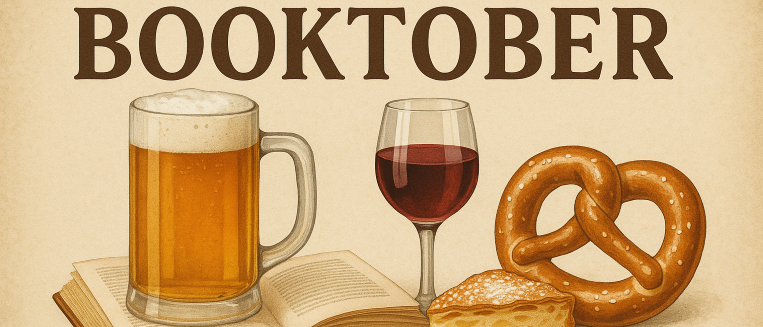 Eine Illustration für Booktober zeigt einen Bierkrug, ein Weinglas, eine Brezel und einen Käsekeil auf einem offenen Buch.