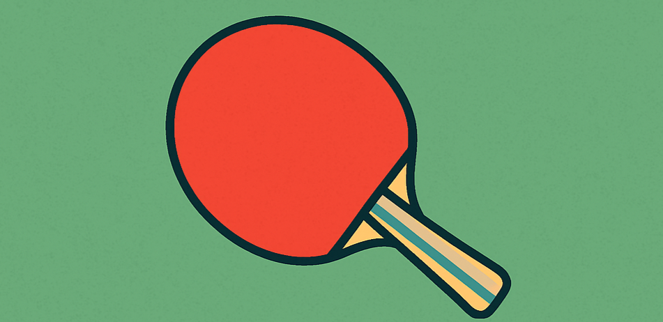 Eine Illustration eines roten Tischtennisschlägers mit schwarzem Umriss auf grünem Hintergrund.