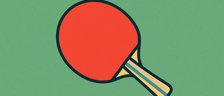 Eine Illustration eines roten Tischtennisschlägers mit schwarzem Umriss auf grünem Hintergrund.