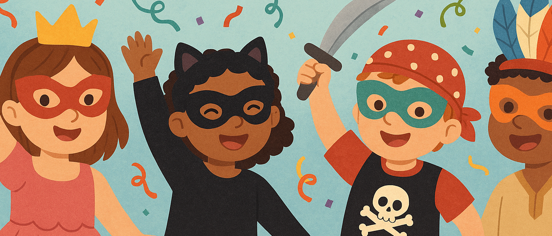 Illustration von vier Kindern, die Masken tragen. Einer hält ein Schwert, ein anderer einen Piratenhut. Hintergrund mit Wimpelketten und Konfetti. Text lautet 'Undermaskenbal'.