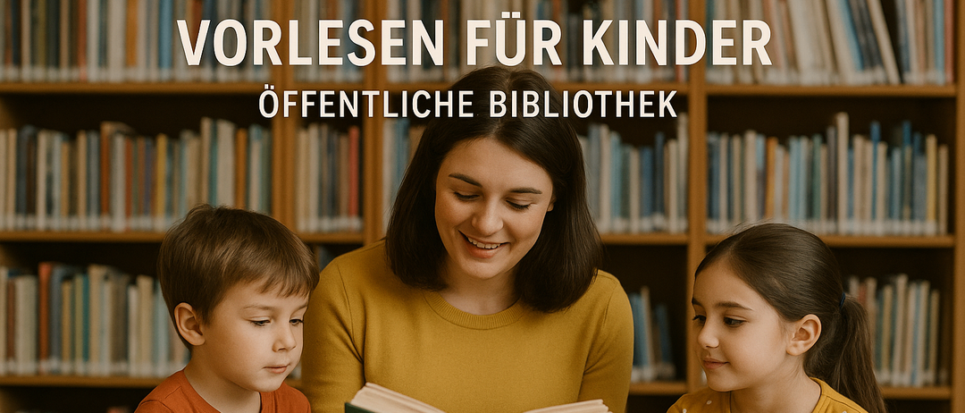 Eine Frau liest zwei Kindern in einer Bibliothek vor. Die Frau und die Kinder sehen fröhlich aus.