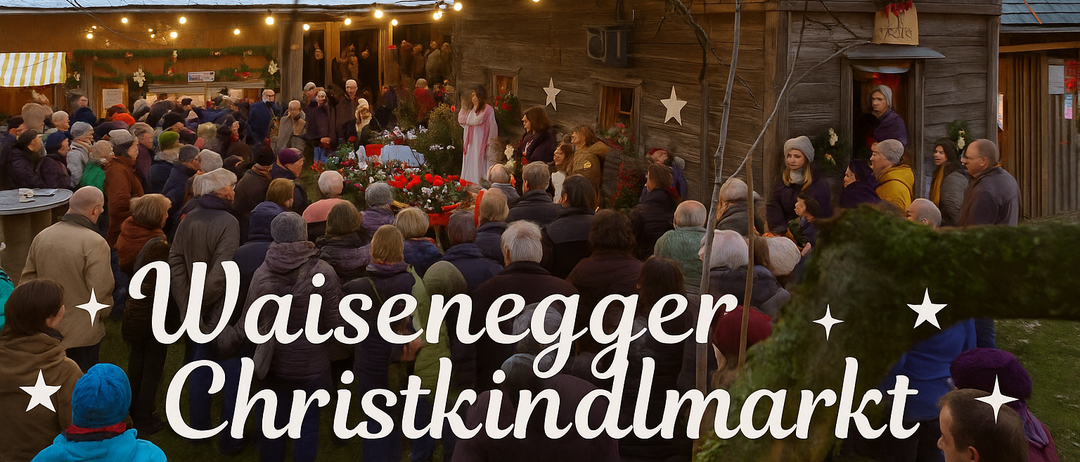 Eine Menschenmenge versammelt sich auf dem Waisenegger Weihnachtsmarkt, eine Frau steht vor einem geschmückten Stand, umgeben von festlichen Lichtern.