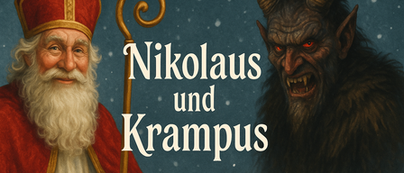 Eine Illustration von Sankt Nikolaus und Krampus vor einem verschneiten Hintergrund. Nikolaus trägt einen roten Umhang und Hut und hält einen Stab. Krampus hat Hörner und einen furchterregenden Ausdruck.