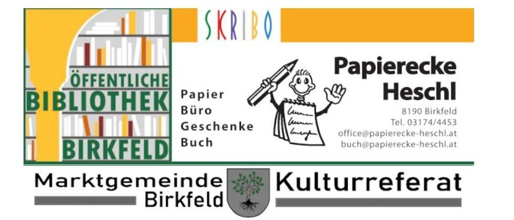 Werbeplakat für die Papierecke Hesch Bibliothek. Es zeigt eine Zeichnung einer Person mit einem Buch und einem Stift. Die Bibliothek bietet Bücher, Geschenke und befindet sich in 8190 Birkfeld. Kontaktinformationen sind angegeben.